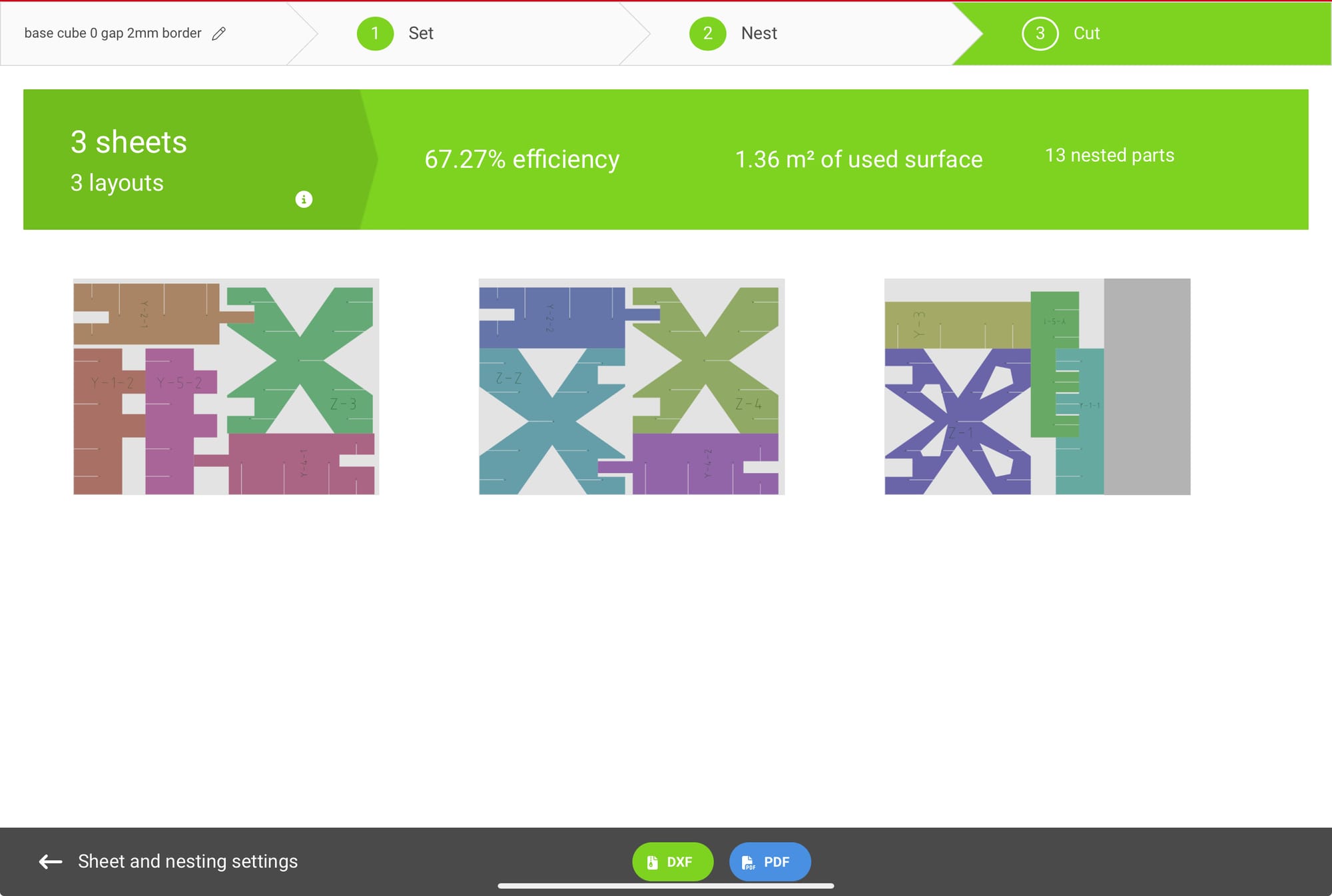 The pieces needed for one cube, image from industrial part-nesting software. 