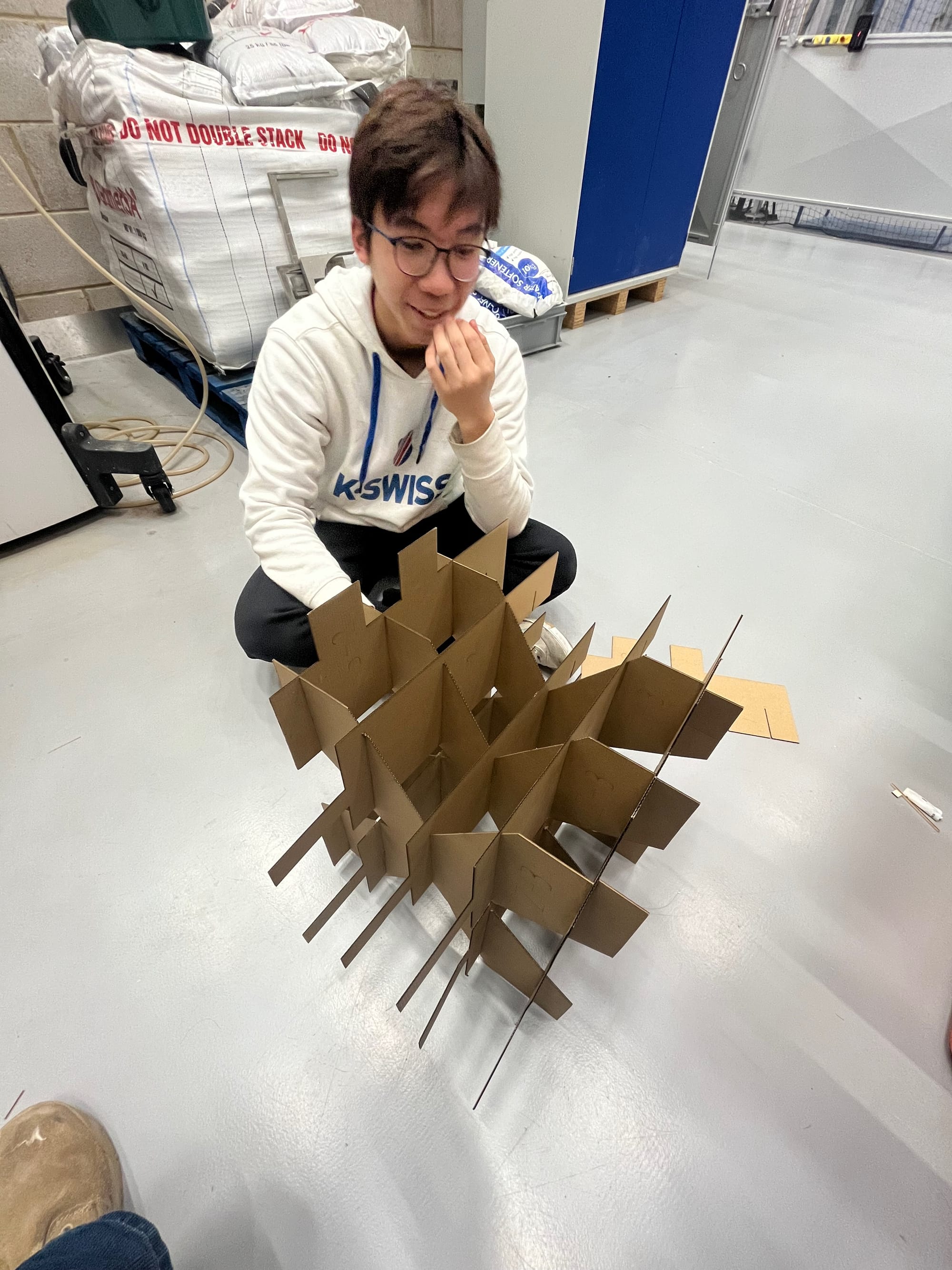 Photograph of rex inspecting our first prototype cardboard-waffle cube.