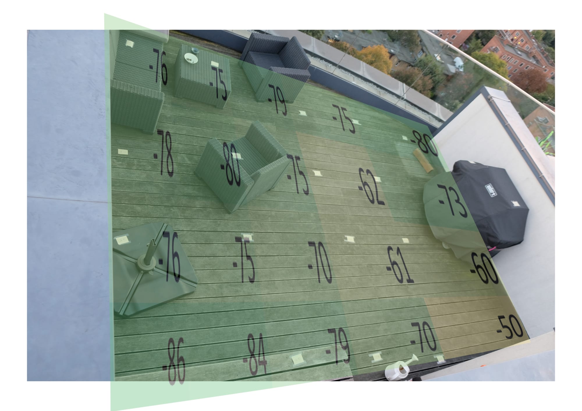 Final map of RSSI of decking above a flat, door to flat in bottom right corner. Yellow indicates better signal strength, green indicates worse.